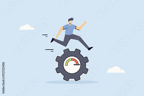 Work performance evaluation, determined entrepreneur sprinting intensely to rotate calculated gear.