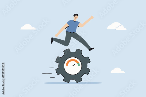 Work performance evaluation, determined entrepreneur sprinting intensely to rotate calculated gear.