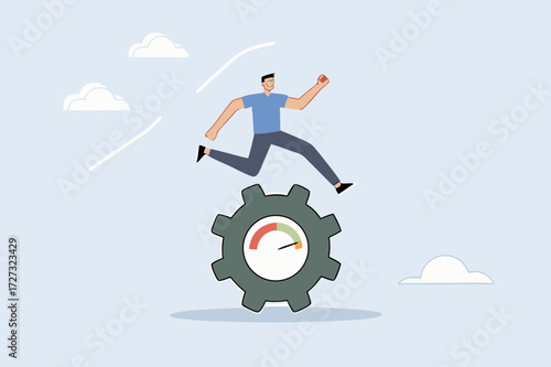 Work performance evaluation, determined entrepreneur sprinting intensely to rotate calculated gear.
