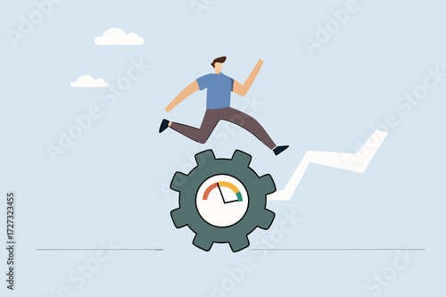 Work performance evaluation, determined entrepreneur sprinting intensely to rotate calculated gear.