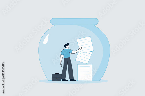 businessman stands and reveals financial document in crystal clear fishbowl.