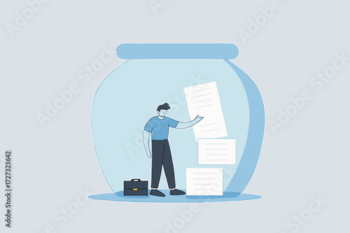 businessman stands and reveals financial document in crystal clear fishbowl.