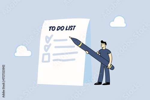 Long to do list, Businessman holding big pen considered making several to do lists on lengthy sheet of paper.