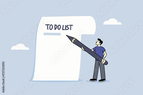 Long to do list, Businessman holding big pen considered making several to do lists on lengthy sheet of paper.