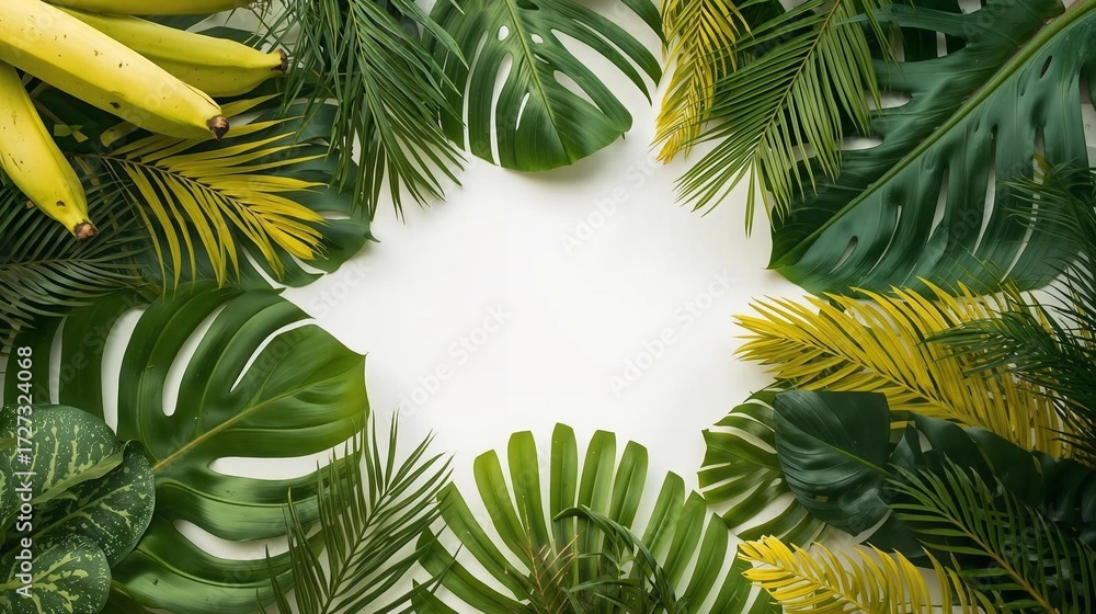 Naklejka premium Bright Flat Lay of Tropical Leaves and Blank Card