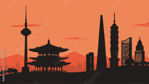 Seoul skyline vector depicts asian landmarks in dynamic dusk skyline perfect for travel posters, brochures, and citythemed designs.