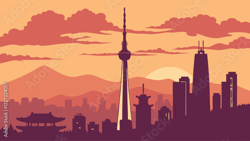 Seoul skyline vector in vibrant orange depicts an asian american city. Suitable for travel websites, city guides, and cultural presentations.