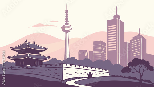 Seoul skyline vector showcases south korea landmarks towers, pagoda, city wall, and trees. Suitable for travel and culturethemed designs.