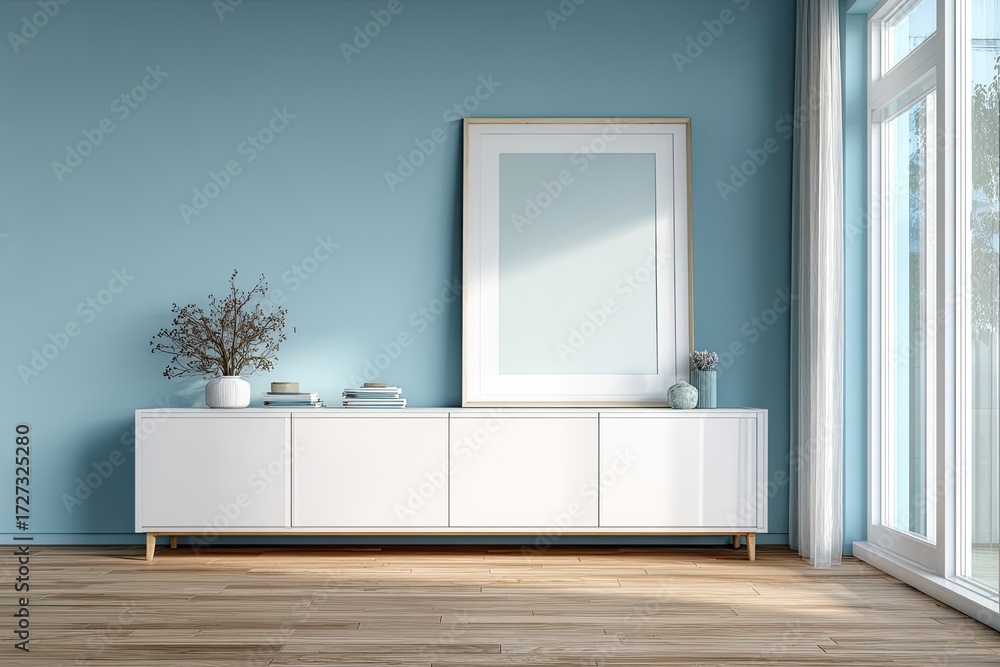 Fototapeta premium Light-filled room with a modern sideboard