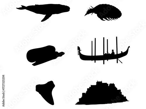 Collection of silhouettes whale, sea urchin, seal, boat, shark tooth and a stepped pyramid shape
