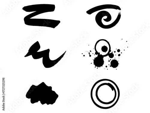 Set of black monochrome abstract brushstroke illustrations with creative grunge shapes and ink spatters