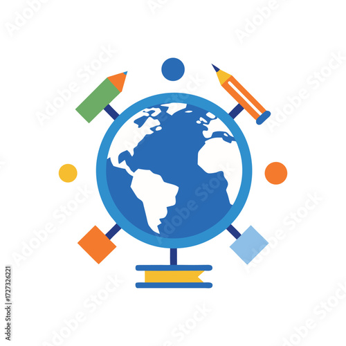Global Education Icon with Globe Pencils Books and Geometric Shapes