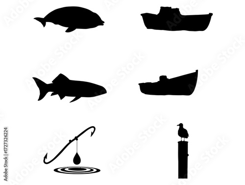 Versatile vector silhouettes for fishing, marine, and nautical themes, featuring aquatic life, boats, and gear