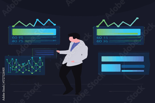 Professional analyzing complex data on a futuristic digital dashboard