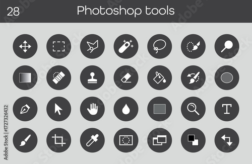 Set of simple editing tools icons in flat style. Collection includes brush, eraser, crop, text, zoom, move, pen, gradient and other symbols for creative design and projects.
