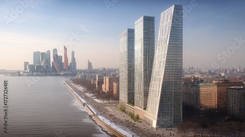 Modern skyscrapers by the river moscow aerial view urban landscape contemporary architecture