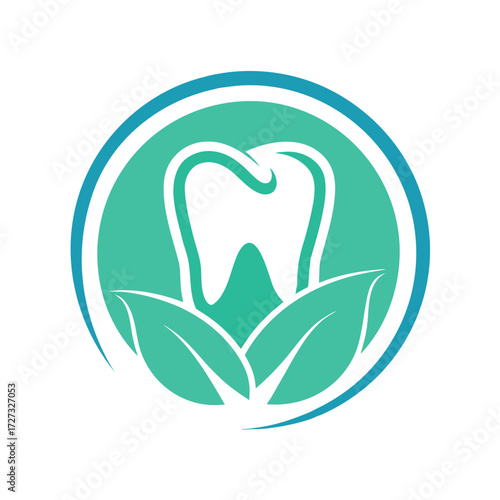 Teal and white tooth with leaves inside a circle logo dental health