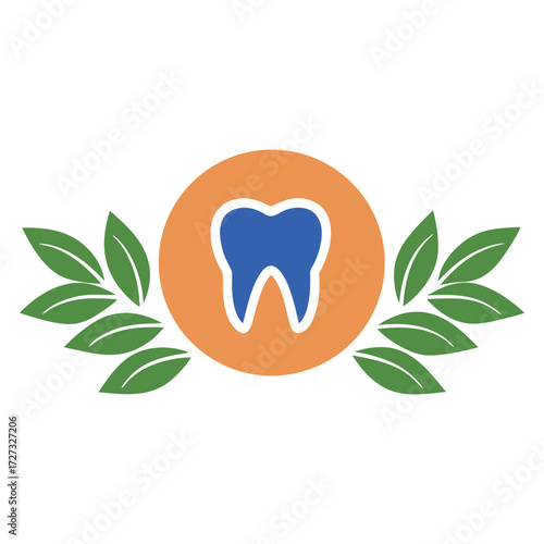 Blue tooth icon with green leaves and orange circle background dental