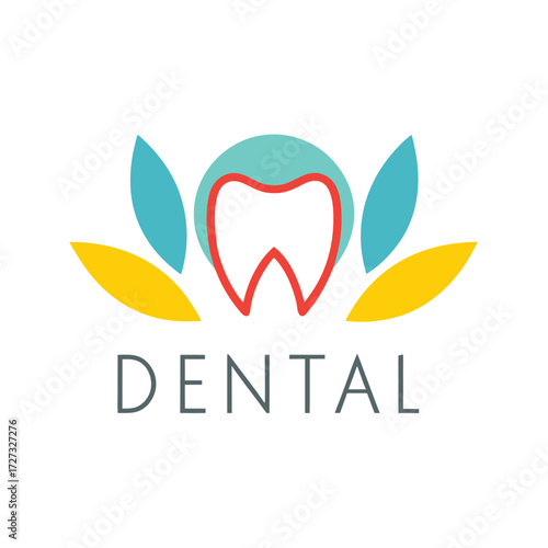 Tooth logo with abstract petals and text D E N T A L dental dentistry