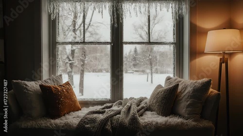 Cozy Window Seat Viewing a Winter Snowstorm Outside
