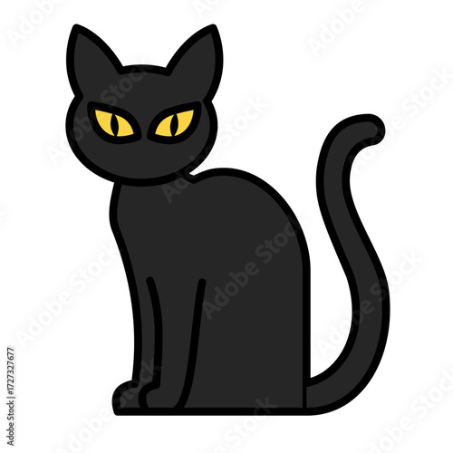 A black cat with glowing yellow eyes, symbol of Halloween, superstition, and mystery. Ideal for seasonal decorations and spooky-themed designs
