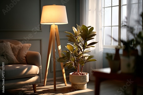 Wallpaper Mural Sunlight streaming through a window, illuminating a modern living room with a ficus lyrata plant and a stylish floor lamp, creating a warm and inviting atmosphere. Torontodigital.ca