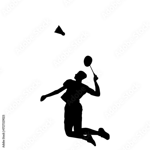 Dynamic silhouette of a badminton player mid-serve, isolated against a plain white background.