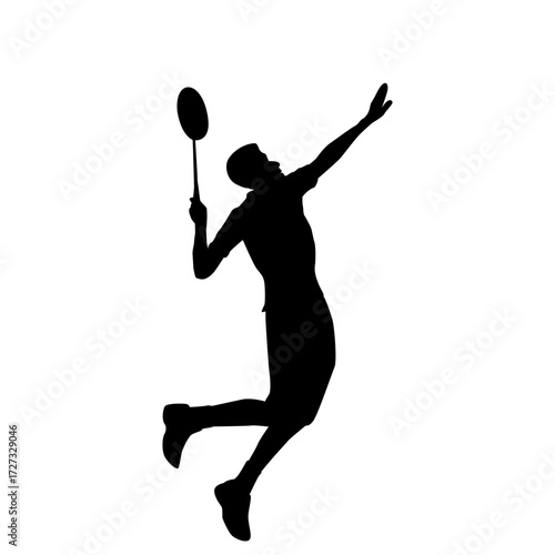 A bold, black silhouette of a badminton player leaping mid-shot, highlighting athleticism and energy against a plain white background.