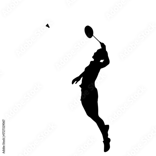 Dynamic silhouette of a female badminton player mid-serve or return, against a plain white background.