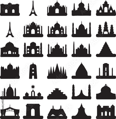 World Monuments Silhouettes: Travel Landmarks, Religious Buildings, Architecture Icons Vector Collection.