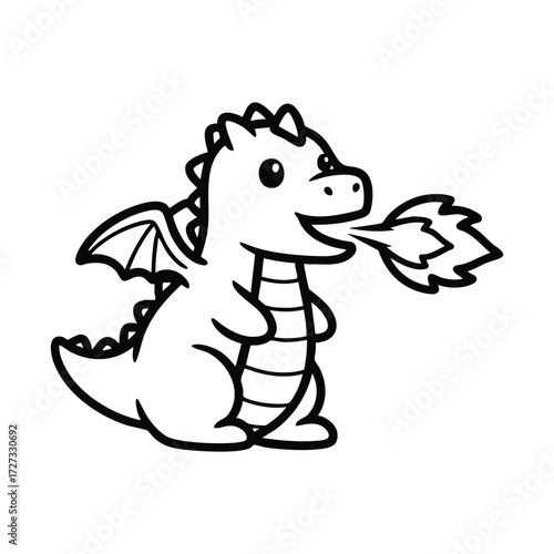 A playful cartoon dragon character breathing fire with a cheerful expression and small wings in a simplistic style.