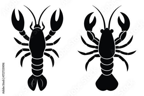Two Black Lobster Silhouettes Facing Forward on White Background crayfish crustacean