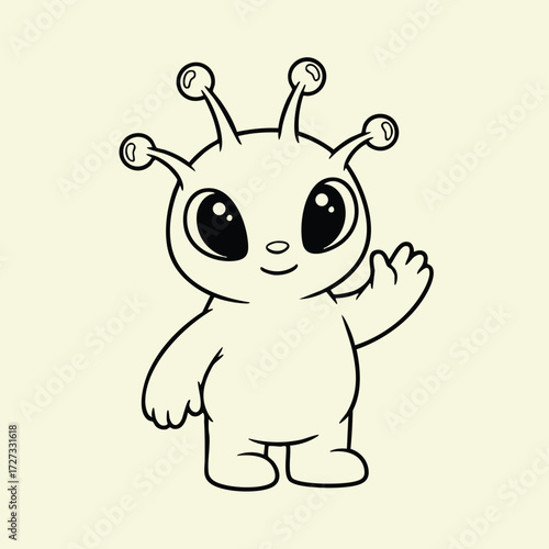A friendly cartoon creature with large eyes and antennae, waving cheerfully in a simplistic style on a light .