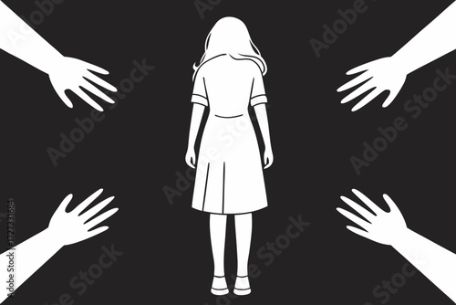 Silhouette of distressed woman with four male hands reaching toward her on black background, symbolizing harassment