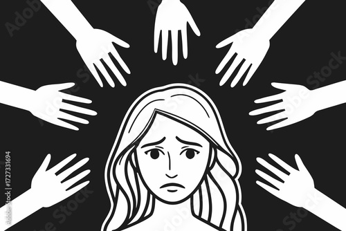 Silhouette of distressed woman with seven male hands reaching toward her on black background, symbolizing harassment