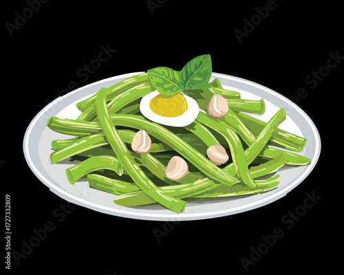 Sautéed green beans with basil leaves, sliced almonds, and a quarter of a hard-boiled egg on a white plate - Vector Illustration	