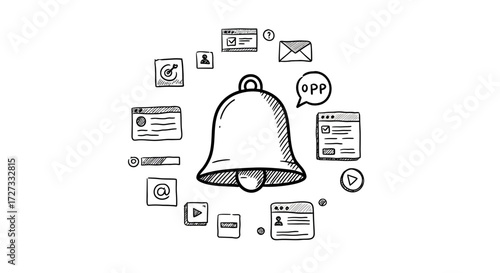 Sketch Bell with Social Media Icons on White Background