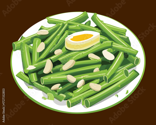 Fresh green bean salad topped with sliced almonds, hard-boiled egg pieces, and a light vinaigrette dressing - Vector Illustration	