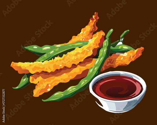 Delicious golden brown fried green beans served with a rich savory dipping sauce in a small dish - Vector Illustration	