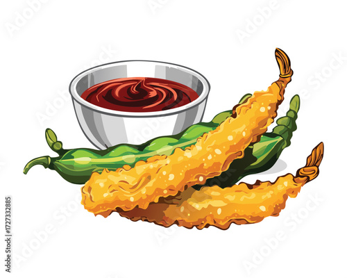 Crispy fried green beans in a golden brown batter, served with a sweet and spicy dipping sauce - Vector Illustration	