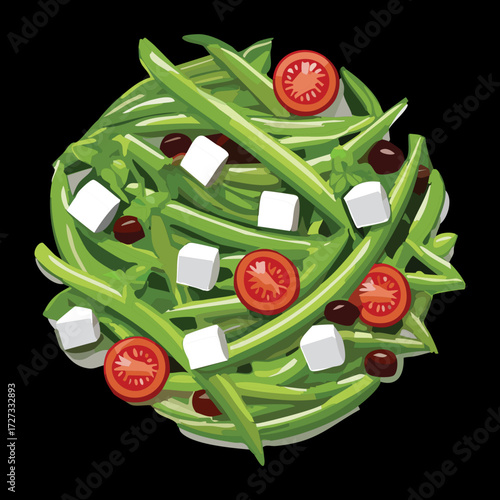 Top-down view of a classic green bean salad with halved cherry tomatoes and white feta cheese crumbles - Vector Illustration	