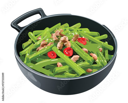 Fresh green beans stir-fried with small pieces of meat or bacon, served hot in a black cast iron skillet - Vector Illustration	