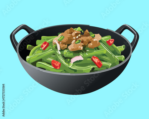Sautéed green beans with minced garlic and chili flakes, served steaming hot in a rustic cast iron skillet - Vector Illustration	