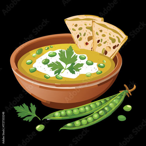 Hearty split pea soup in a dark bowl, garnished with sour cream, fresh peas, and a side of rustic bread - Vector Illustration	