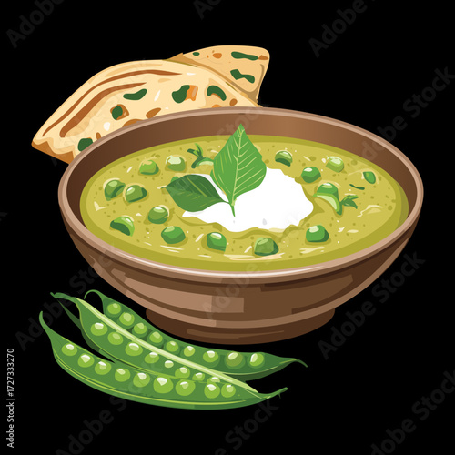 Creamy split pea soup served in a rustic brown bowl, topped with sour cream, croutons, and fresh peas - Vector Illustration	