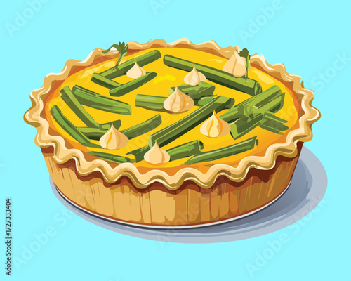 Savory slice of quiche or tart with green beans and bacon, perfect for a light brunch or elegant appetizer - Vector Illustration	
