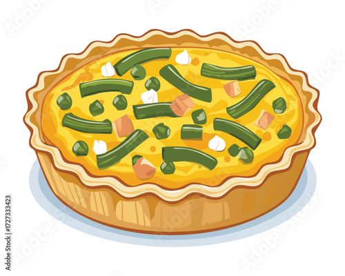 Classic deep-dish quiche with a buttery crust, filled with egg, cheese, and crunchy green beans inside - Vector Illustration	