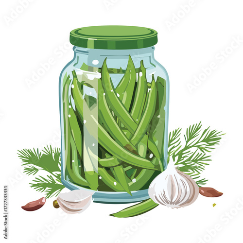 Fresh pickled green beans in a glass canning jar with dill and garlic cloves, ready for storage - Vector Illustration	