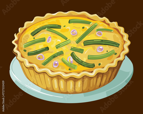 Golden crust savory quiche filled with cheddar cheese, tender green beans, and smoky chopped bacon - Vector Illustration	