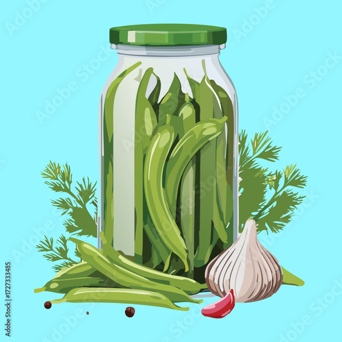 Homemade pickled green beans in a large glass jar with dill and garlic, against a light blue background - Vector Illustration	